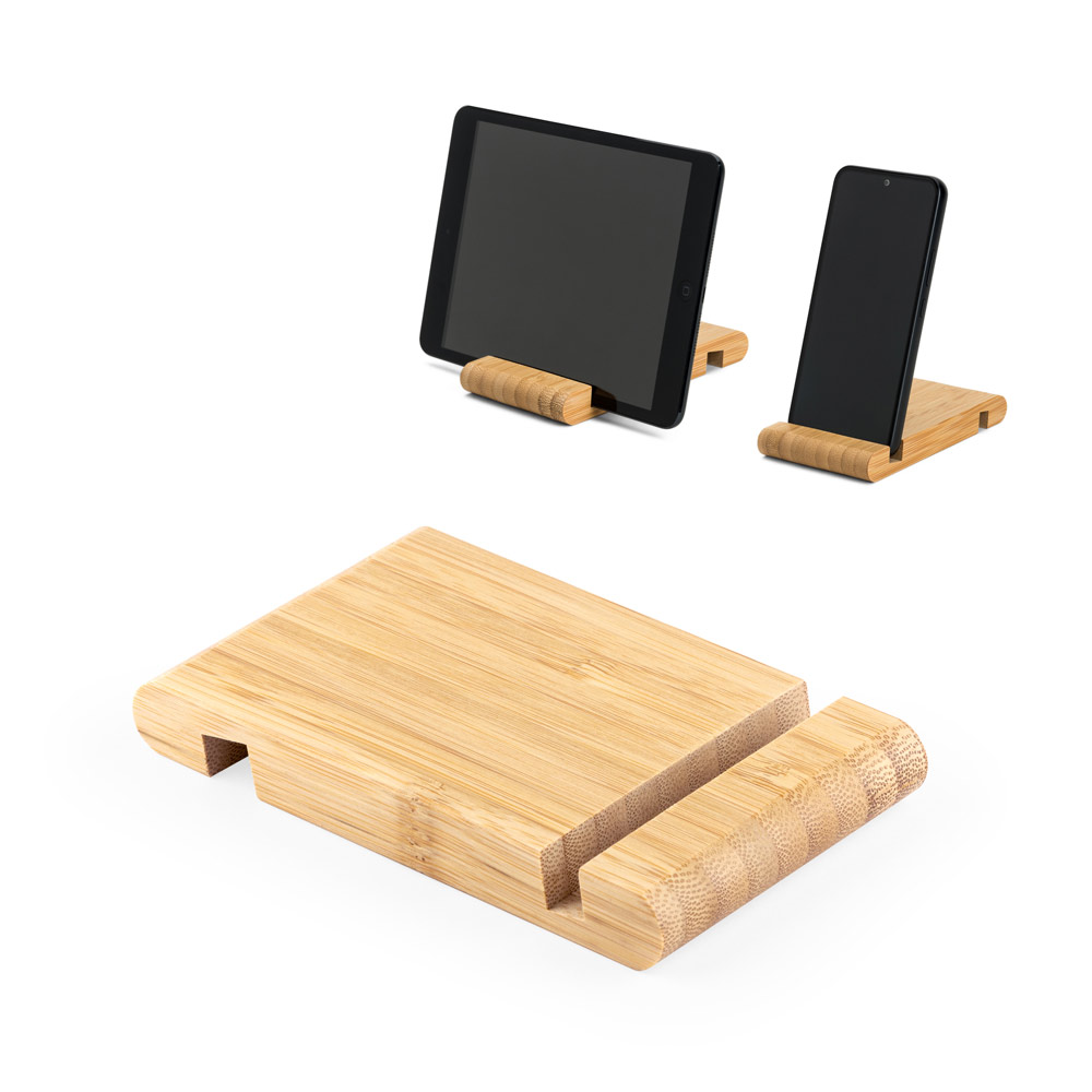HABER. Suporte para celular em bambu com duas canaletas de tamanhos diferentes