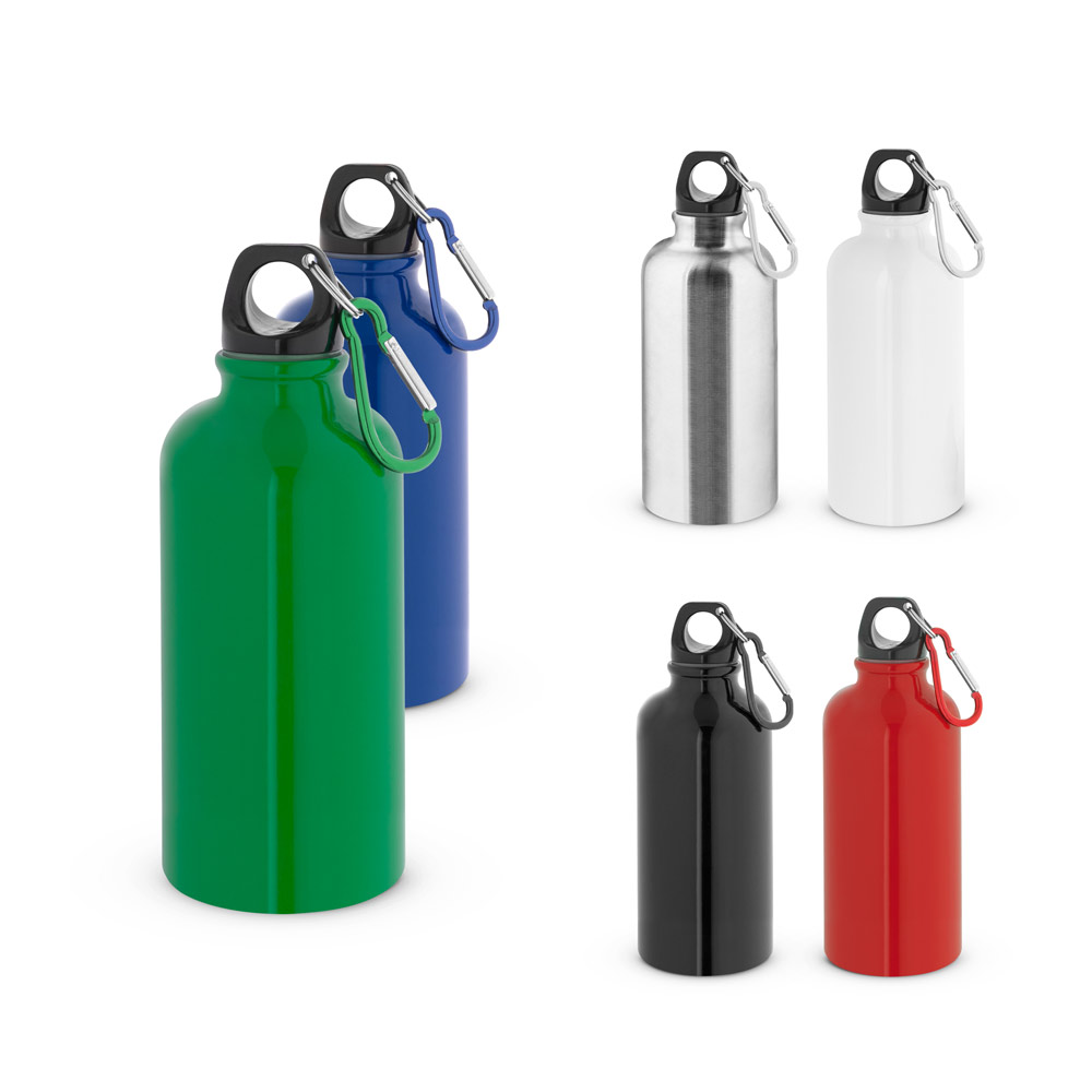 KARSTEN M. Squeeze esportiva em aço inox, de parede simples e acabamento brilhante com mosquetão 560 mL