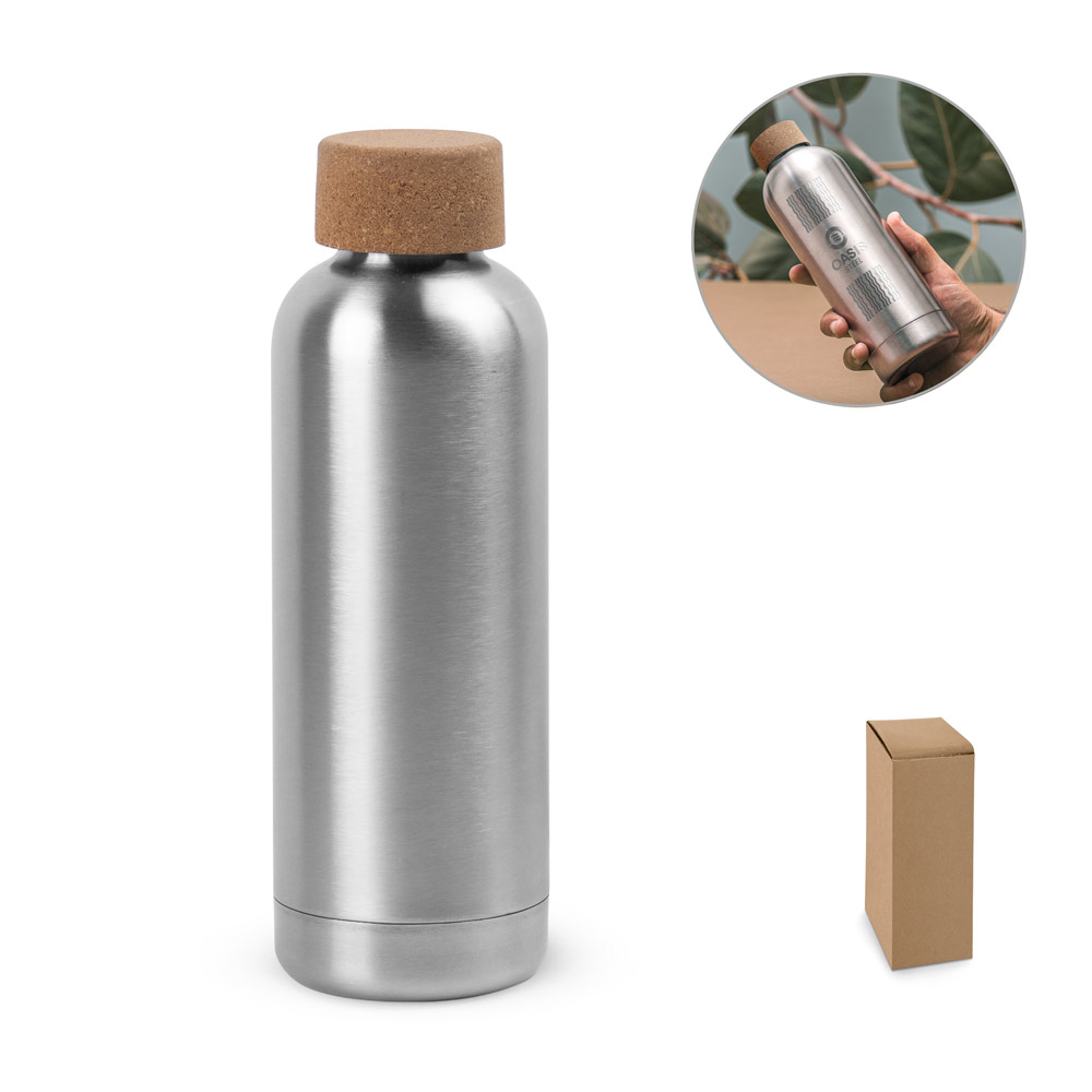 DALEY. Squeeze em aço inox de parede simples, com tampa em cortiça 760 mL