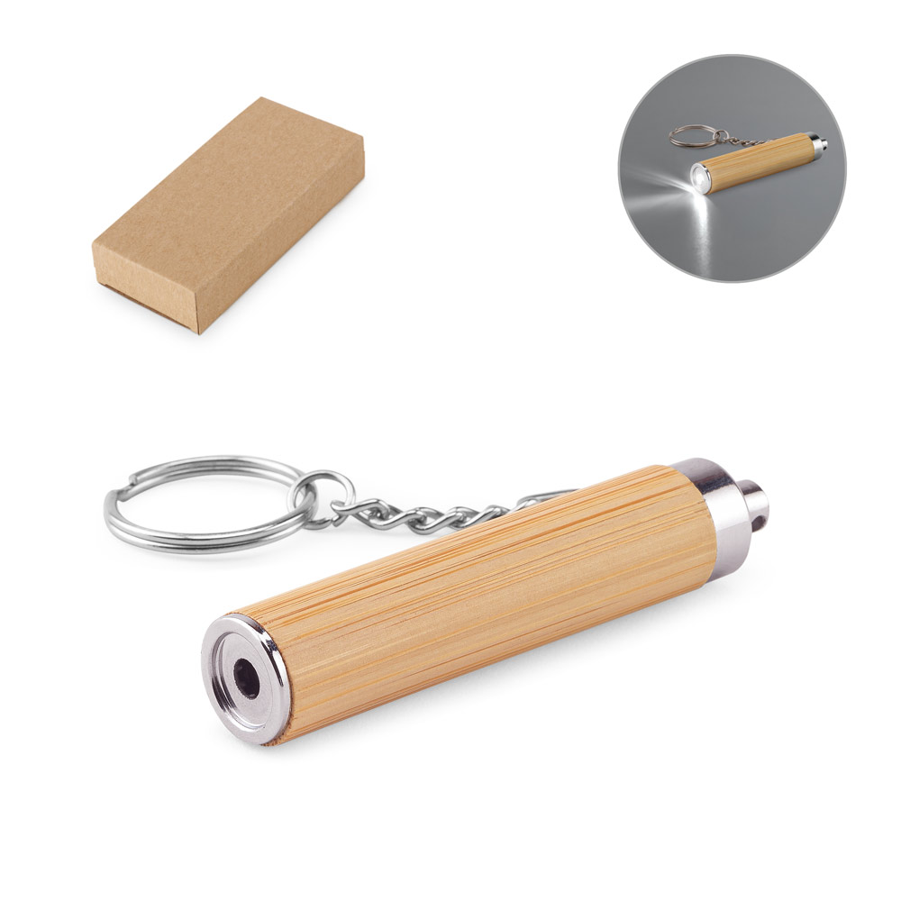 RACHEL. Chaveiro em bambu e ABS com lanterna LED