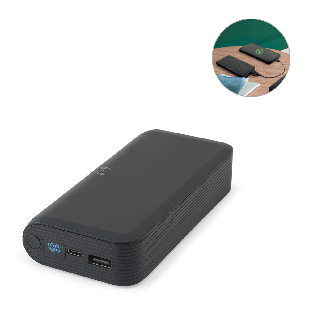BECKER 20. Bateria portátil em ABS 100% reciclado com carregador por indução (wireless) super-rápido 15W e capacidade de 20'000 mAh