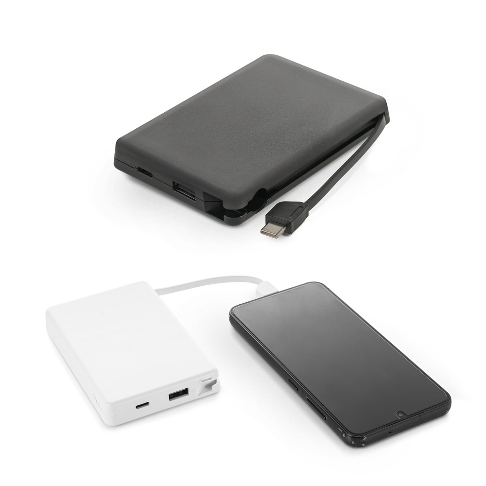 LATTES. Bateria portátil em ABS 100% reciclado, com cabo integrado e capacidade de 10'000 mAh