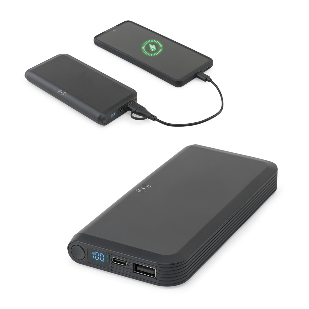 BECKER 10. Bateria portátil em ABS 100% reciclado com carregador por indução (wireless) super-rápido 15W e capacidade de 10'000 mAh